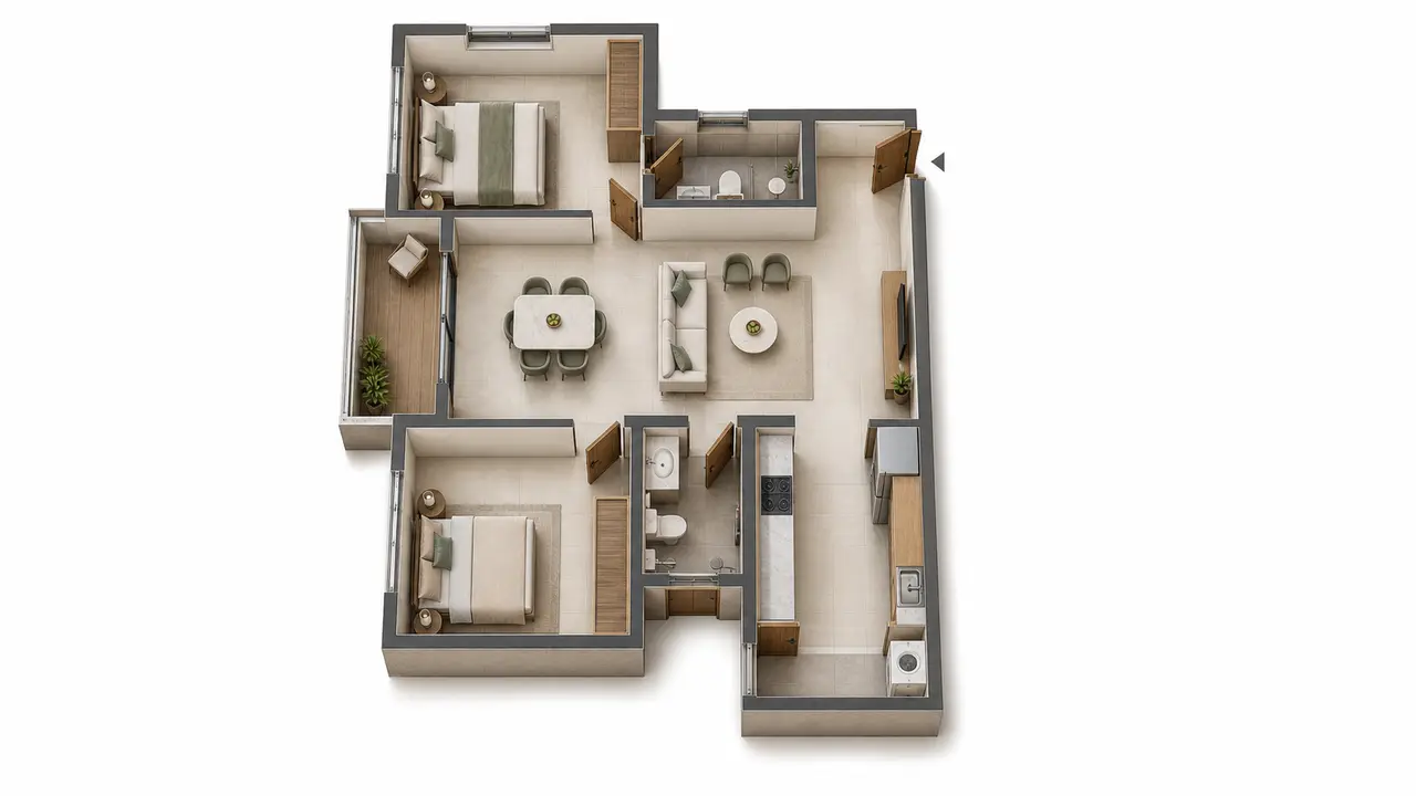Three-dimensional interpretation of the publisher-provided builder two-bedroom sample layout