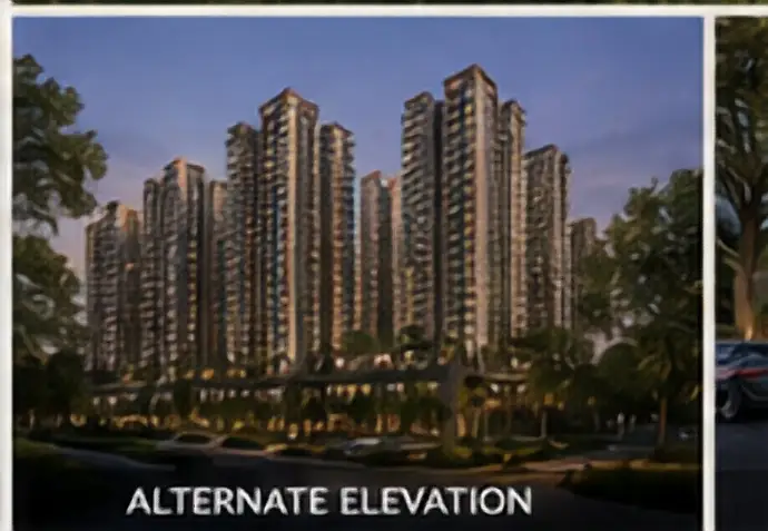 Alternate rendering of high-rise apartment towers behind a landscaped arrival road