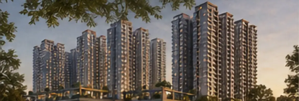 Wide rendering of several high-rise apartment towers framed by trees