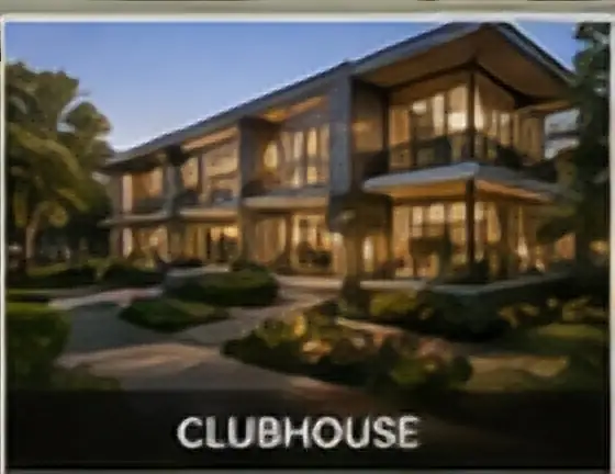 Contemporary two-storey clubhouse rendering with glass walls and landscaped paths