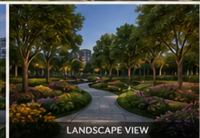 Curving garden path through flowering planting and mature trees