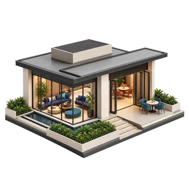 Contemporary clubhouse pavilion with lounge seating, outdoor tables and planted edges