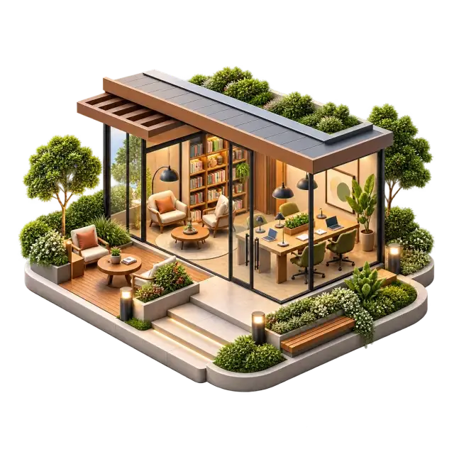 Garden coworking lounge with shared desks, reading chairs, bookshelves and terrace seating