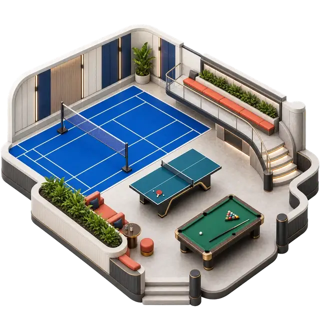 Indoor recreation room with game tables, seating and bright activity areas