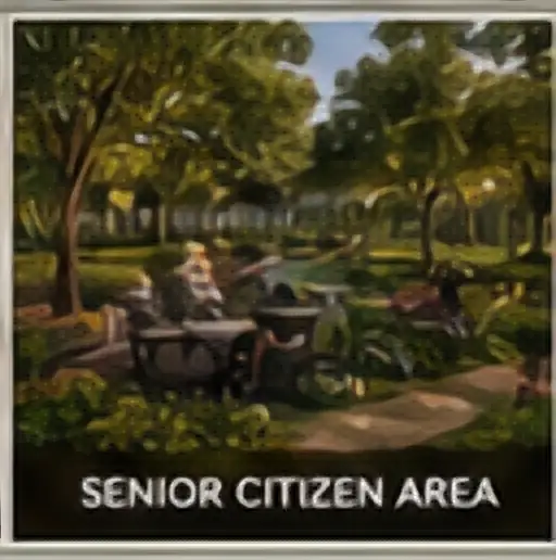 Senior-citizen seating area in landscaped grounds at Embassy Chapparkallu